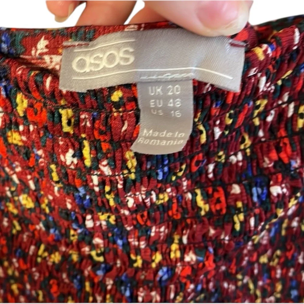 ASOS Burgundy Floral Smocked Puff Sleeve Maxi Dress Sundress Size US 16 - Picture 9 of 10